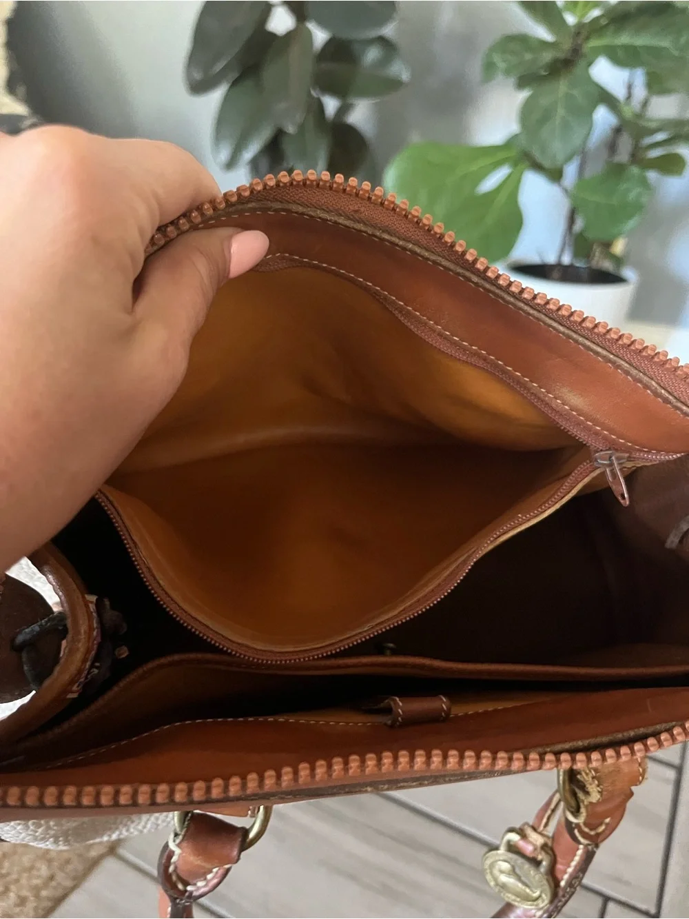 Dooney & Bourke Cream Pebbled Leather Satchel with Brown Trim